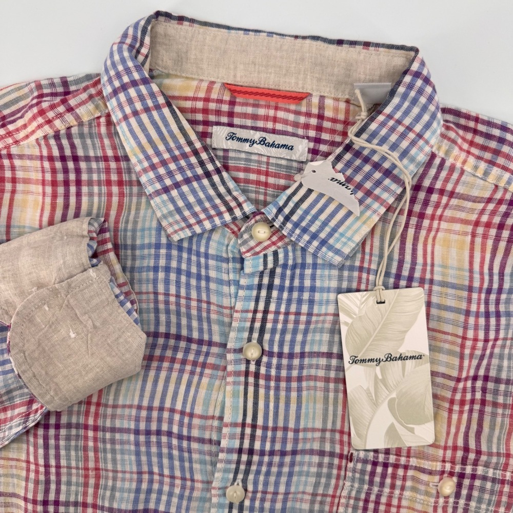 Tommy Bahama Button Down Shirt Mens XL Multi Color Plaid 100% Linen Long Sleeve
